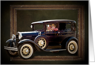 vintage car with old couple in photo frame for general hello card