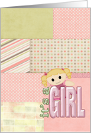 baby girl congratulations-doll on patchwork quilt pattern background card