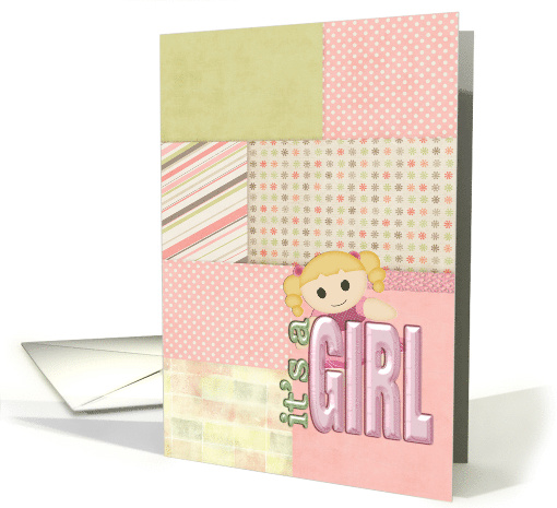 New Niece congratulations, doll on patchwork quilt pattern card