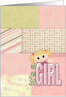 New Niece congratulations, doll on patchwork quilt pattern card