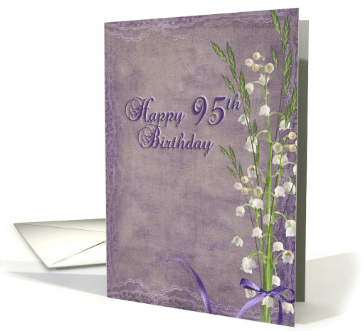 Mom's 95th birthday, lily of the valley bouquet on purple texture card