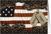 thank you to veteran-military dog tags and flag with brick wall card