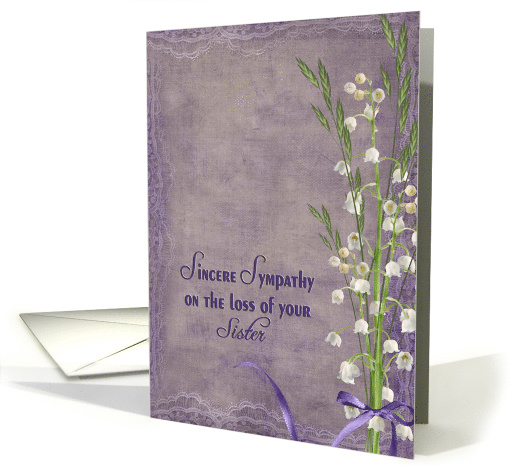 loss of sister, lily of the valley bouquet on textured purple card
