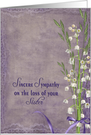 loss of sister, lily of the valley bouquet on textured purple card