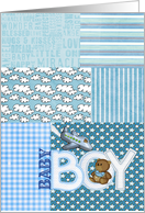baby boy congratulations teddy bear and airplane on patchwork pattern card
