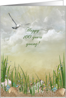 100th Birthday, seagull and seashells in seaweed and sand card