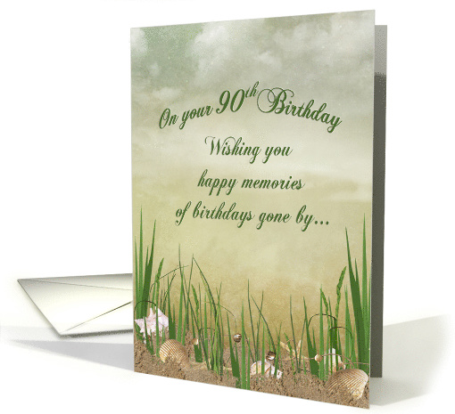 90th Birthday seashells in sand with beach grass card (839122)