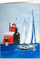 Red Michigan Lighthouse and Sailboat in Watercolor for Birthday card