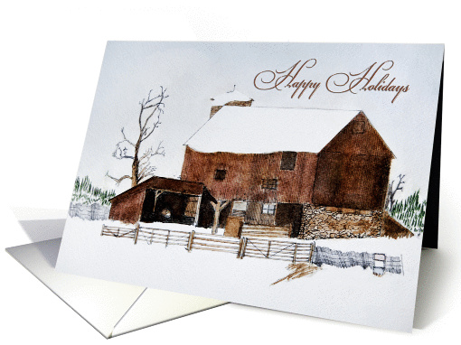 Happy Holidays-Christmas-barn-watercolor-painting card (841967)