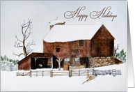 Happy Holidays-Christmas-barn-watercolor-painting card