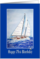 75th birthday sailboat watercolor on high seas with blue frame card