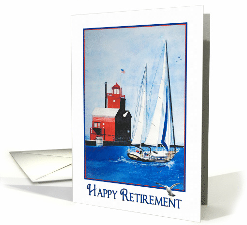 Retirement watercolor red lighthouse and sailboat in harbor card