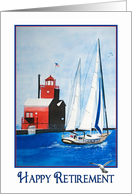Retirement watercolor red lighthouse and sailboat in harbor card