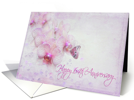 64th Anniversary butterfly on pink orchids with bubbles card (850013)