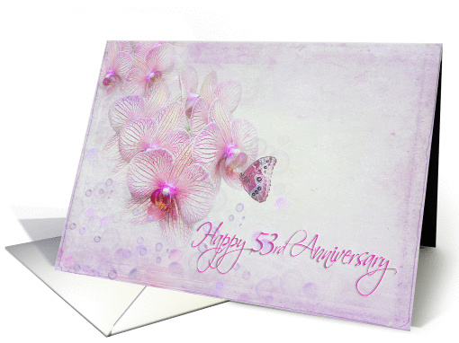53rd anniversary, butterfly, pink, orchid, bubbles, flower card