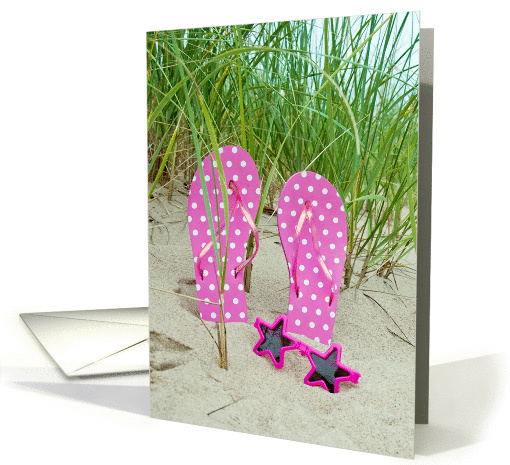 pink polka dot flip-flops with star sunglasses in sand card (851322)