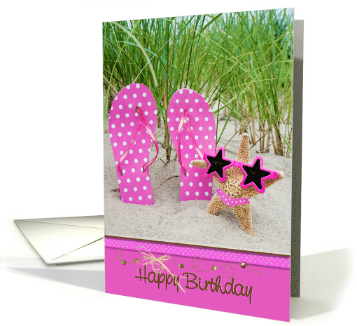 Birthday for Friend, polka dot flip flops with starfish in sand card