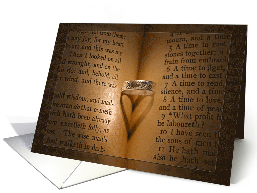 anniversary, wedding ring on Bible with heart shadow card (853538)