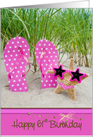 61st birthday starfish with polka dot flip flops in beach sand card