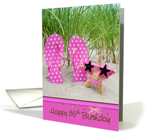 56th birthday, starfish with polka dot flip flops in beach sand card