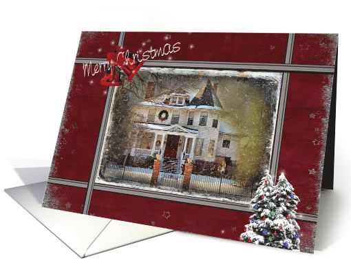 Christmas Victorian house with red and silver snowflake border card