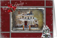 Christmas Victorian house in a frame with trees card