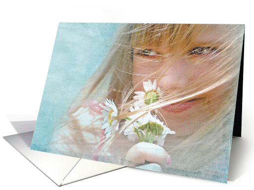 Thinking of You young girl with daisy bouquet in the wind card