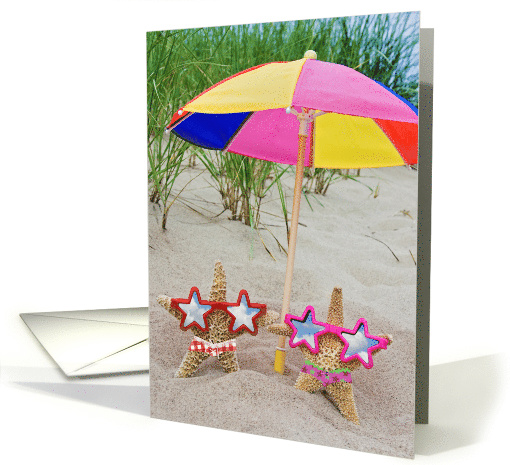 Mom's Birthday, starfish with star sunglasses in beach sand card