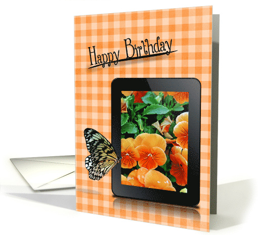 Birthday Butterfly On Electronic Table With Orange Pansies card