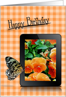 Birthday Butterfly On Electronic Table With Orange Pansies card