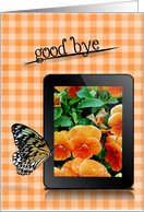 Goodbye-butterfly on a electronic tablet with pansy photo card