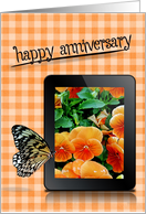 anniversary, butterfly on electronic tablet with pansy photo card