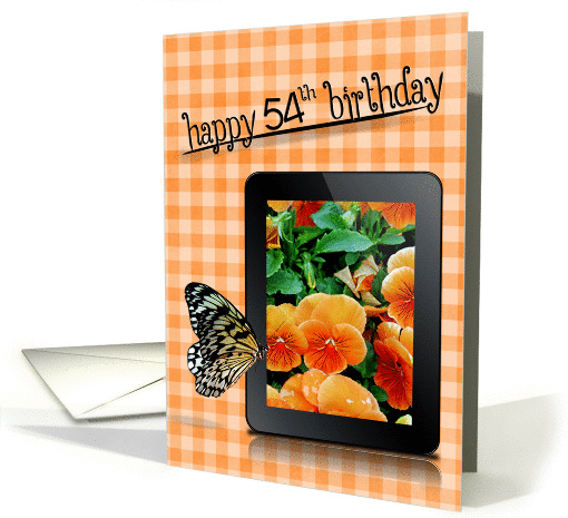 54th Birthday with butterfly pansy image on electronic tablet card