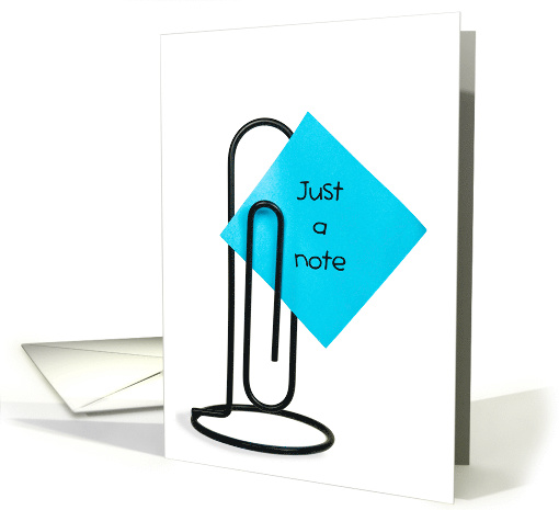 Just a Note square aqua note on a giant paper clip on white card