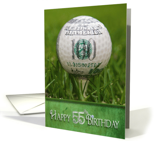 55th birthday, golf ball with 100 dollar logo card (861041)