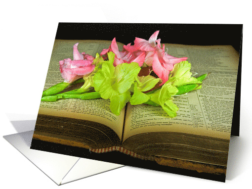 Gladiolus On Vintage Holy Bible for Loss of Wife Sympathy card