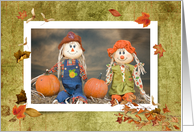 Autumn Scarecrows With Pumpkins and Leaves card