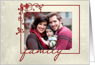 Christmas family photo card with red frame on textured background card