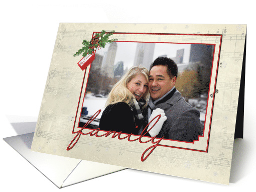 family Christmas photo card with snowflake and music background card