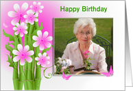 Pink Floral Bamboo Stalk and Butterflies on Birthday Photo Card Frame card