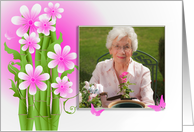 bamboo plant with pink flowers photo card for Mom’s birthday card