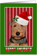 Happy Holidays, Welsh terrier with Santa hat and holly card