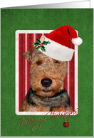 Merry Christmas, Welsh Terrier in Santa hat with red striped background card