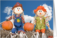Cute Thanksgiving Scarecrow Couple on Hay Bales card