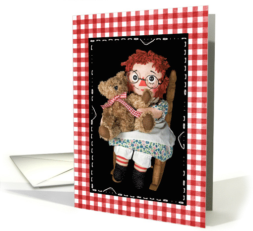 birthday for sister, old rag doll with teddy bear in chair card