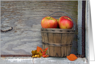 apple, autumn, bushel basket, leaf card