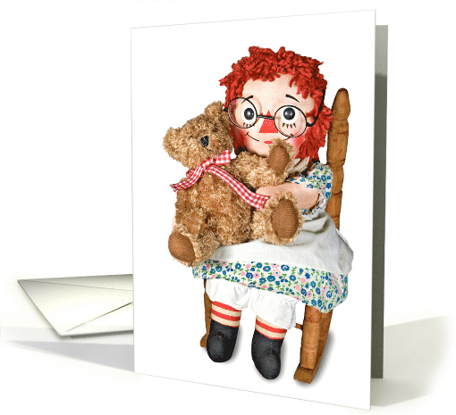 Thinking of You, old doll in rocking chair with teddy bear card