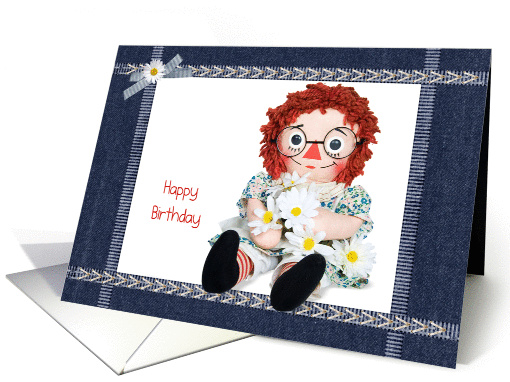 Birthday-old rag doll with daisy bouquet in blue jean frame card