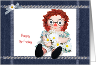 Sister’s Birthday-old rag doll with daisy bouquet card