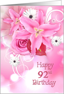 92nd Birthday with lily and daisy bouquet on pink bokeh card